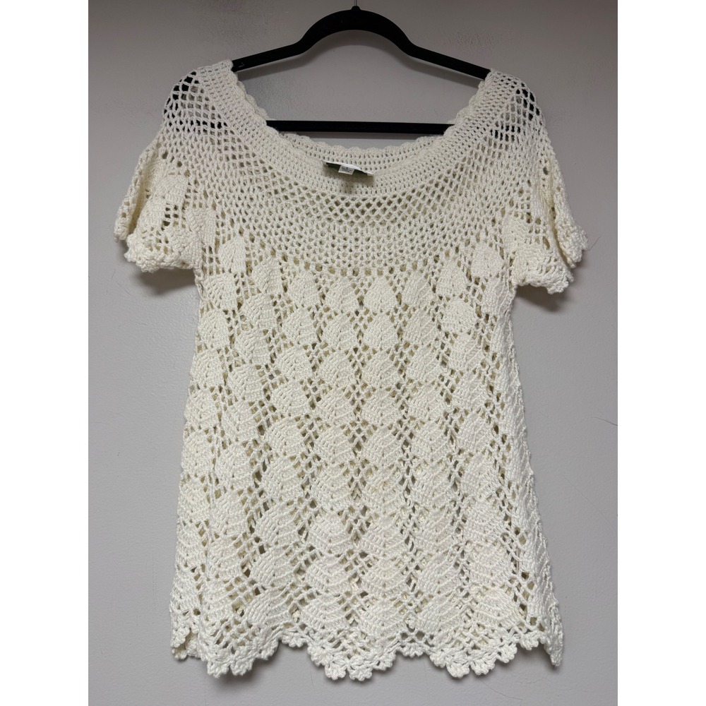 Nurture Crochet Knit Tunic Top Ivory Short Sleeve Lace Overlay Size S boho